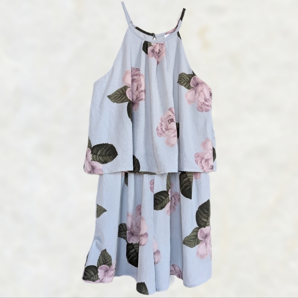 Blue-Gray Halter Neck Keyhole Back Pink Floral High Waist Shorts Romper - sz M